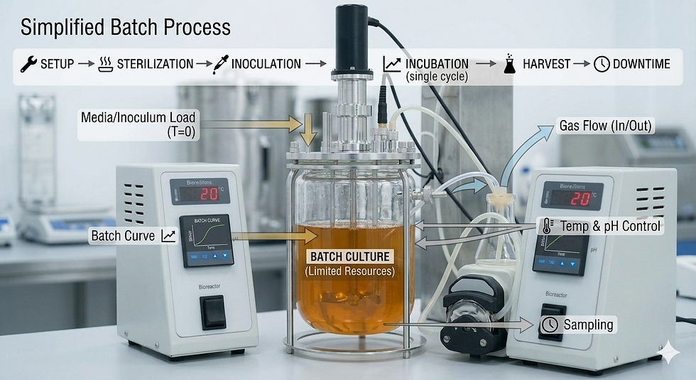 Annotated bioreactor setup showing a batch culture in a glass tank between two controllers, with labels for setup, incubation, sampling.