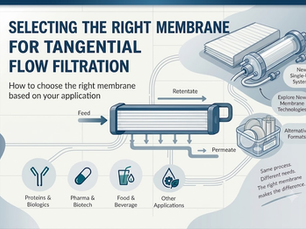 "Selecting the Right Membrane for Tangential Flow Filtration" illustrating feed, retentate, and permeate flows along with filtration cassette components, single-use systems, and alternative formats.