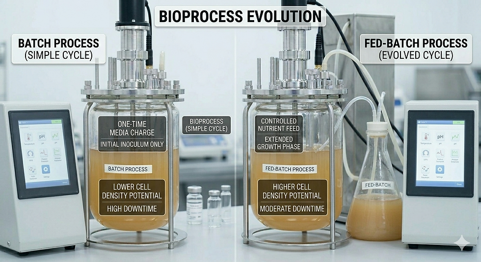 Side-by-side bioreactors compare batch and fed-batch process evolution, with lab monitors, tubing, and amber liquid.
