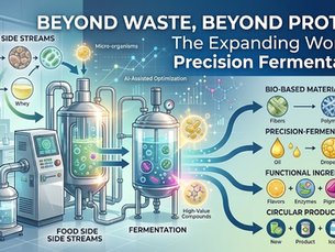 An infographic titled "Beyond Waste, Beyond Protein: The Expanding World of Precision Fermentation" showing side streams like fruit pulp, grain, and whey entering bioreactors and being transformed into bio-based materials, fats, functional ingredients, and circular products.