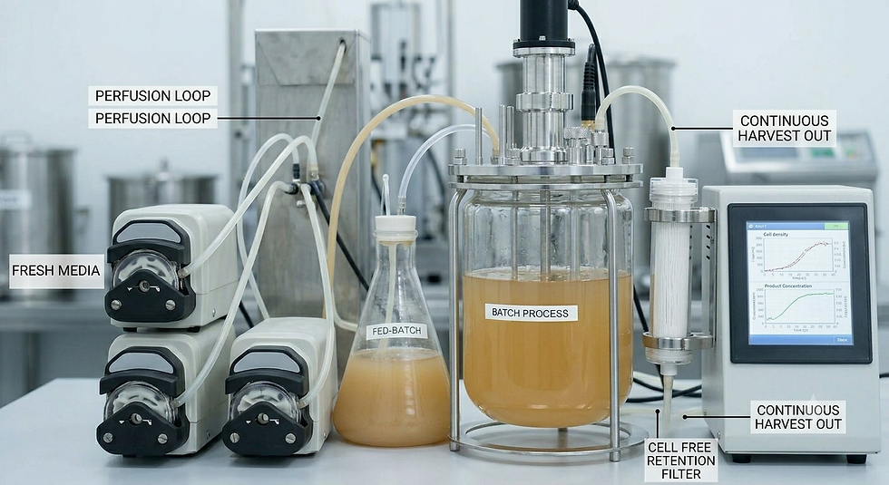 Lab bioreactor setup with pumps, flasks and tank labeled fresh media, fed-batch, batch process, continuous harvest out, cell-free retention filter