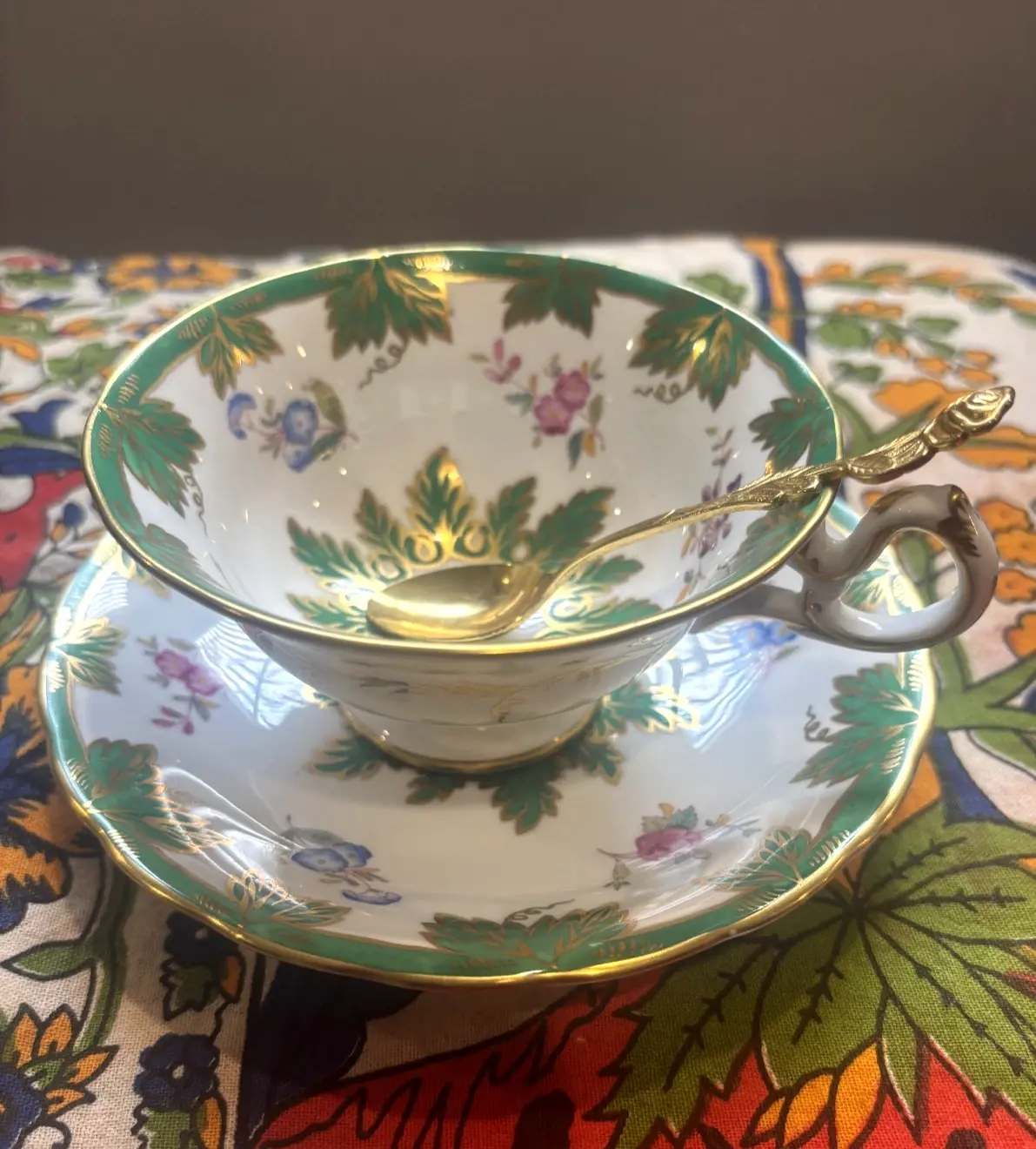 Vintage Royal Chelsea English Bone Teacup Saucer Green Gold 7374 | Spoon