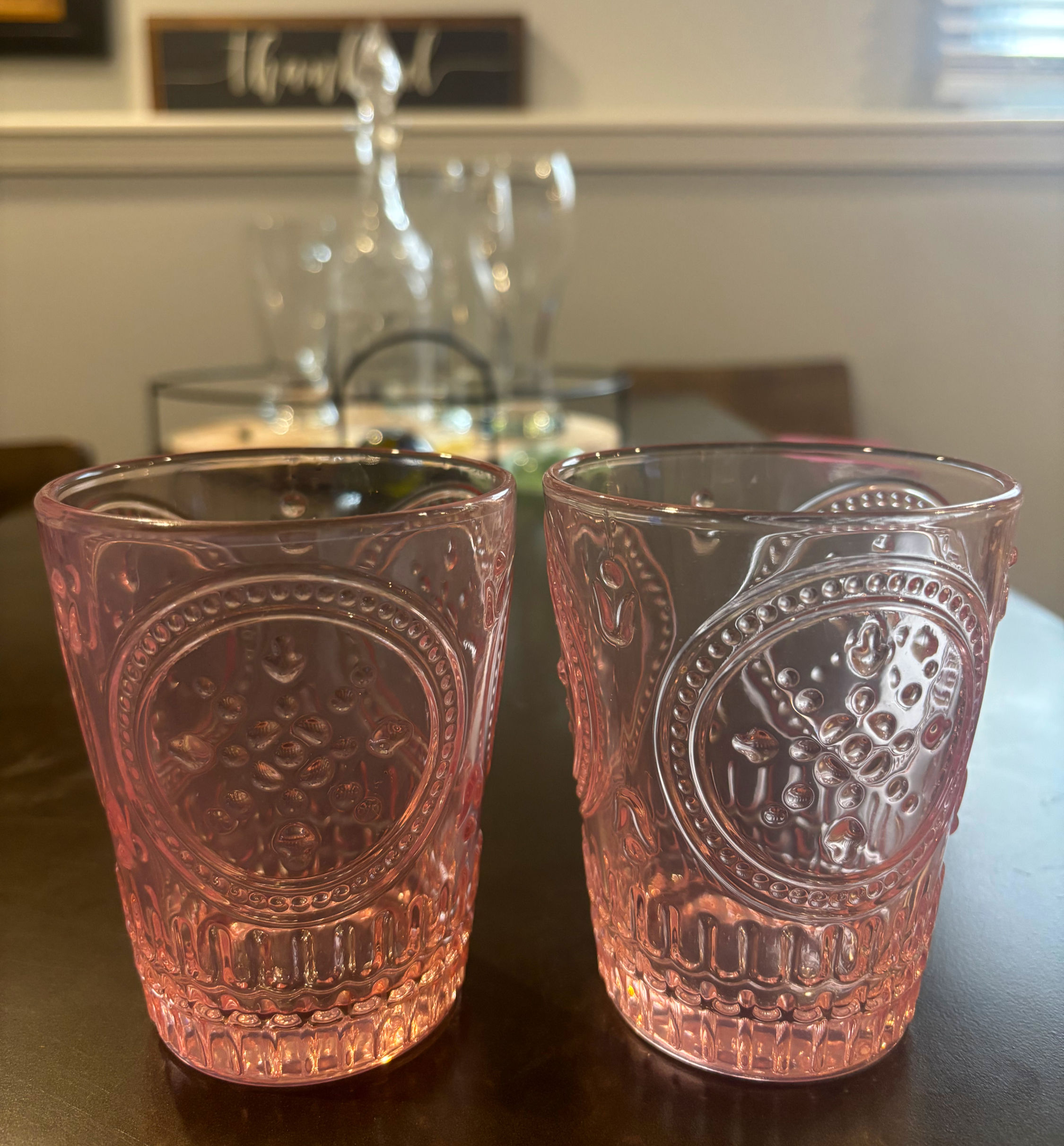 Pink Glass Tumbler Set – Embossed Snowflake Medallion Beaded Details