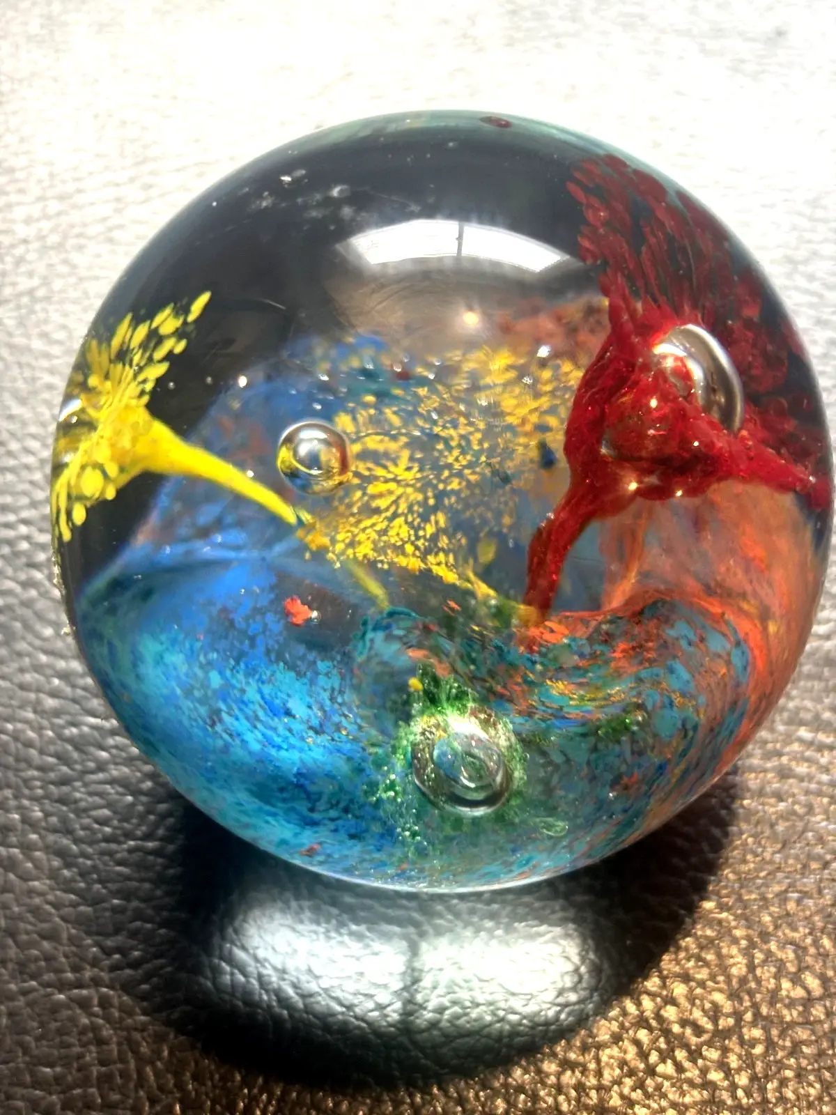 Colorful Hand-Blown Art Glass Paperweight | Abstract Floral & Controlled Bubbles