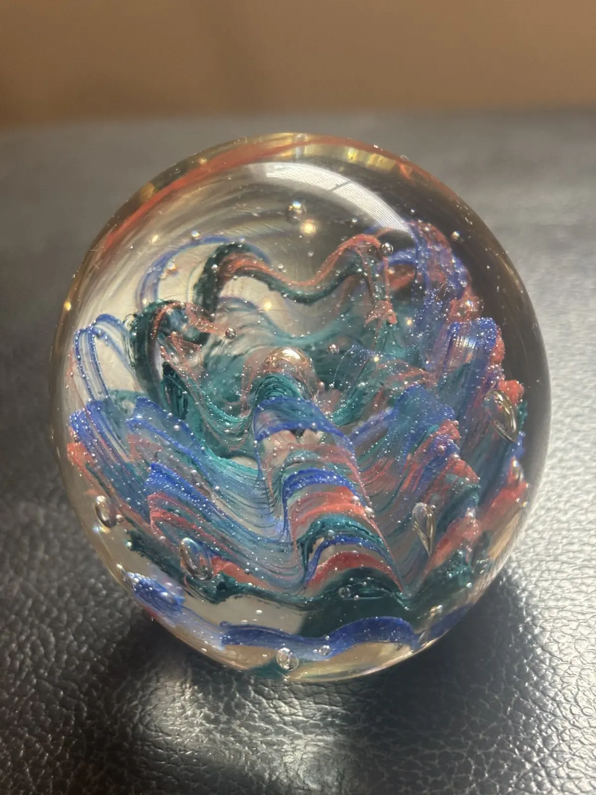 Colorful Hand-Blown Art Glass Paperweight | Swirled Blue, Teal & Pink Waves
