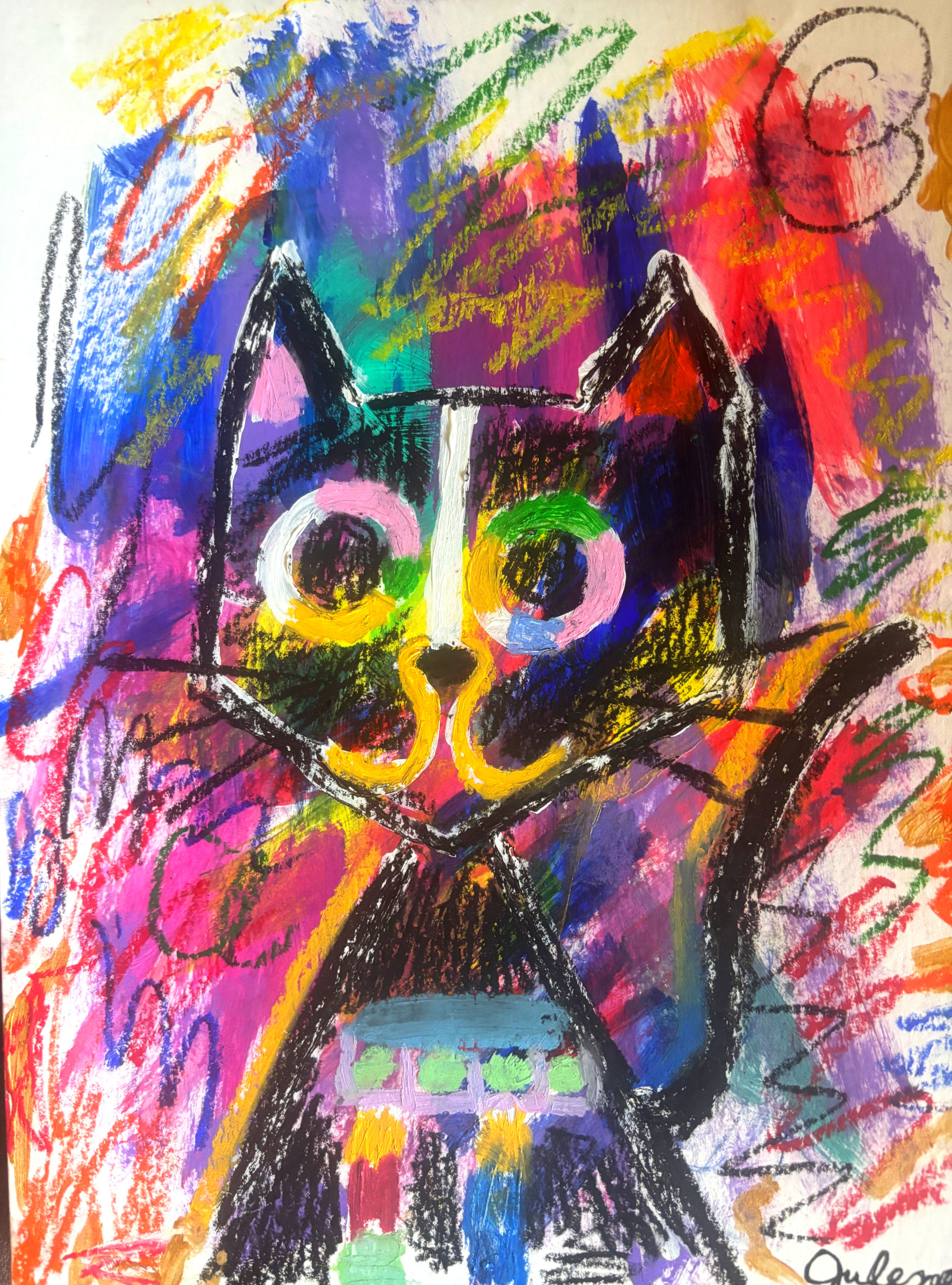 Colorful Cat- Original Signed Mixed Media Abstract Expressionism