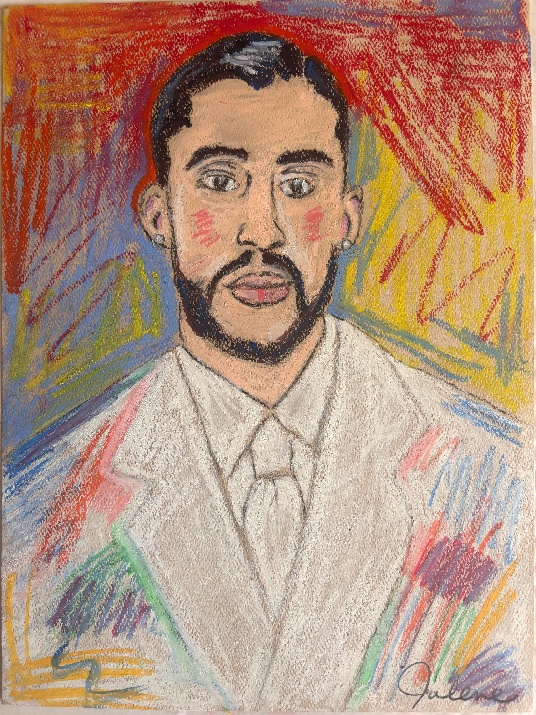 EXPRESSIONISM 9X12 BAD BUNNY ORIGINAL SIGNED OIL PASTEL ART