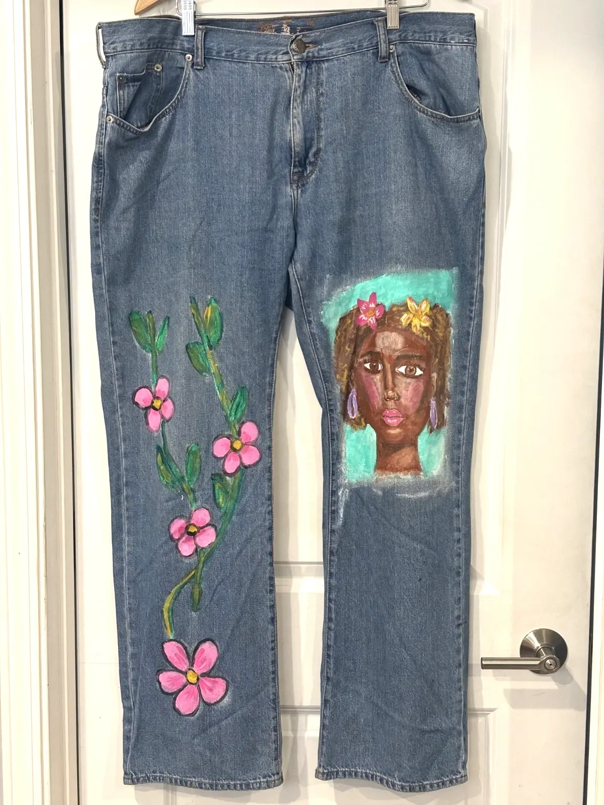 Upcycled Vintage Quality Denim Jeans Sz 42 Painted ONE-OF-A-KIND- Plus Size