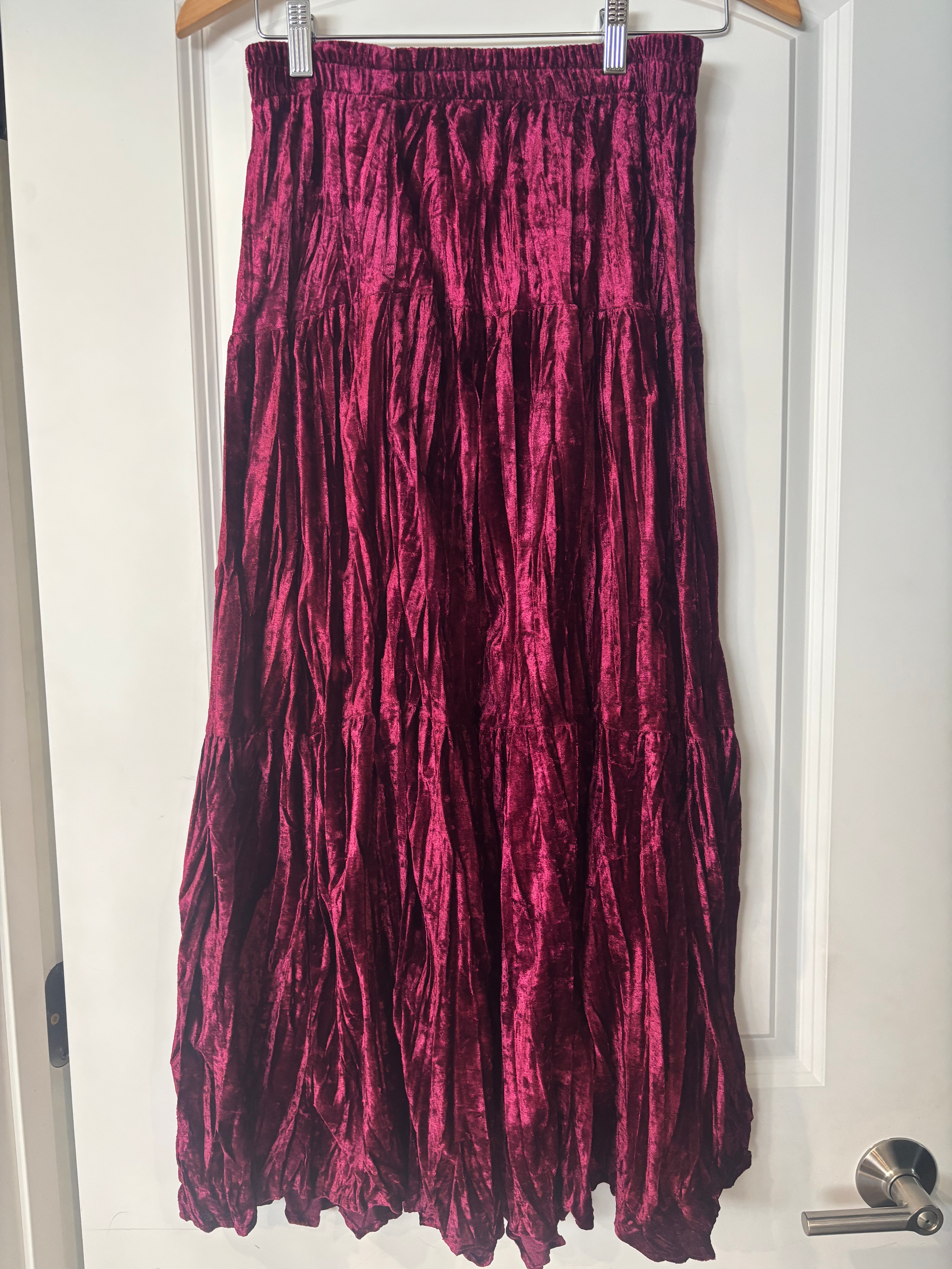 Vintage Y2K Whimsigoth Maroon Crinkle Velvet Tiered Maxi Skirt Size Medium