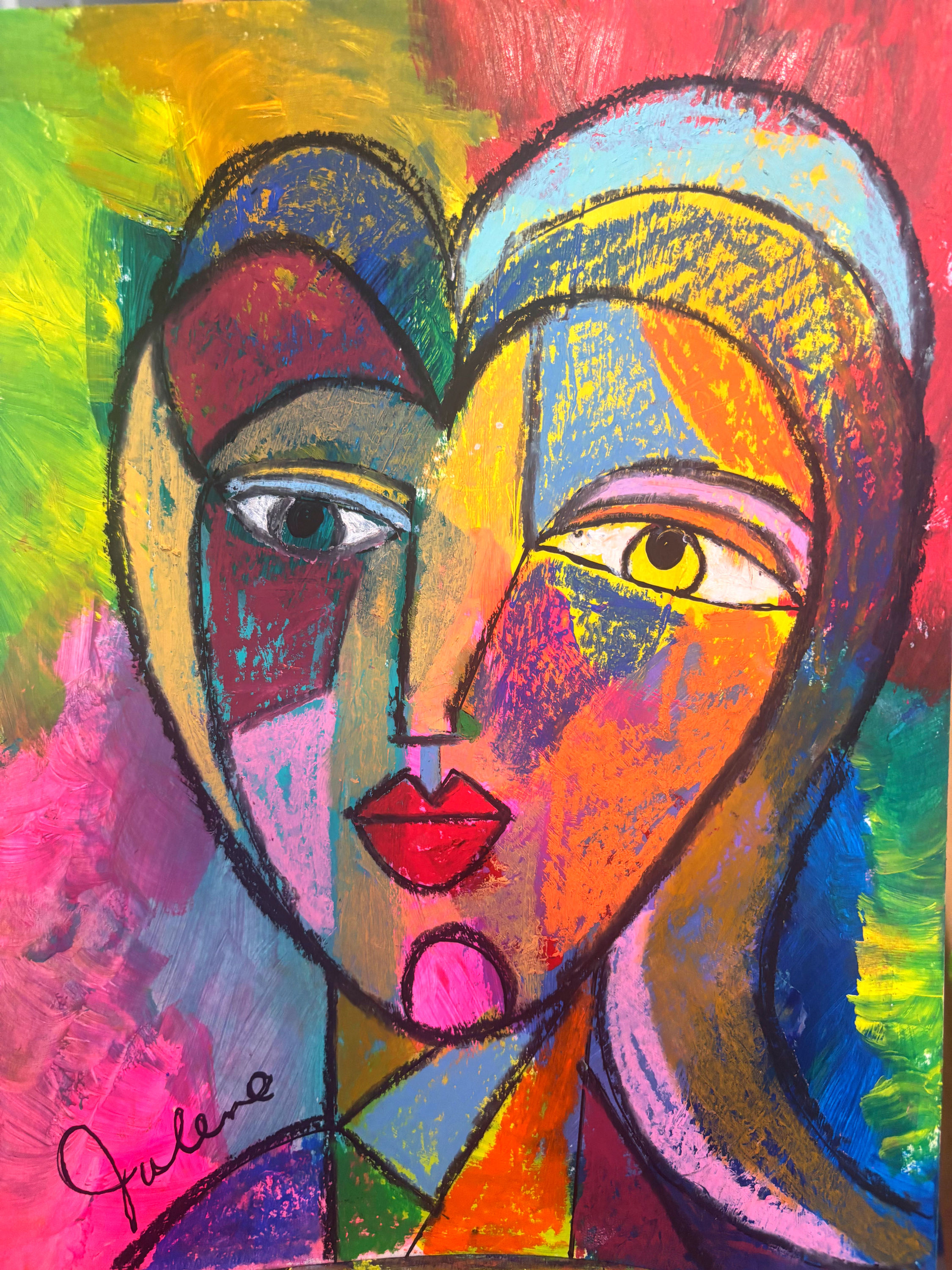 Vivid Heart - Original Signed Mixed Media Cubism 9x12