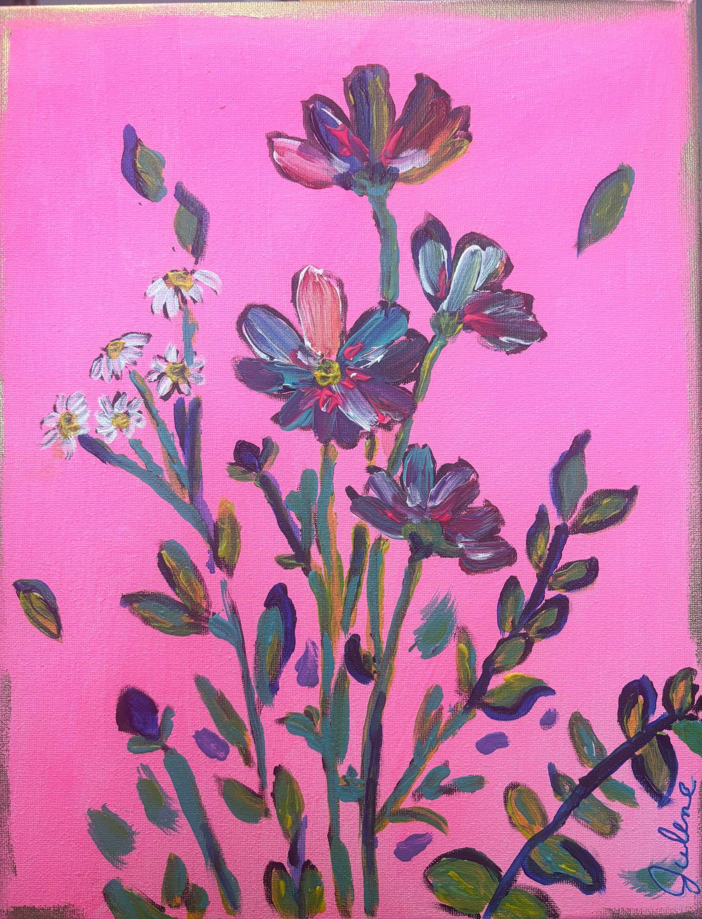 Pink Garden: Original Painting of Abstract Flowers 11x14
