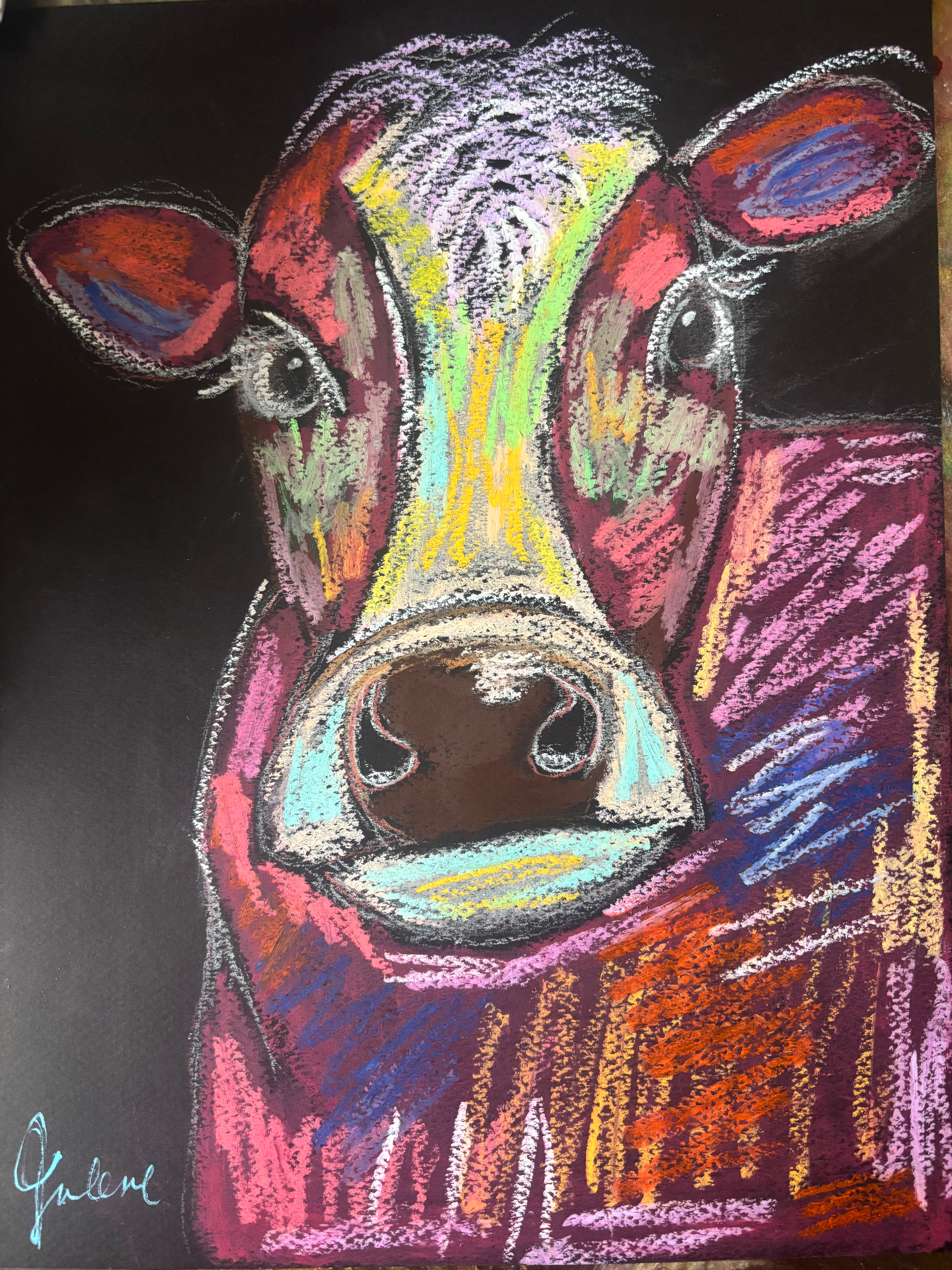 Technicolor Bessie - Original Oil Pastel Abstract Cow 9x12