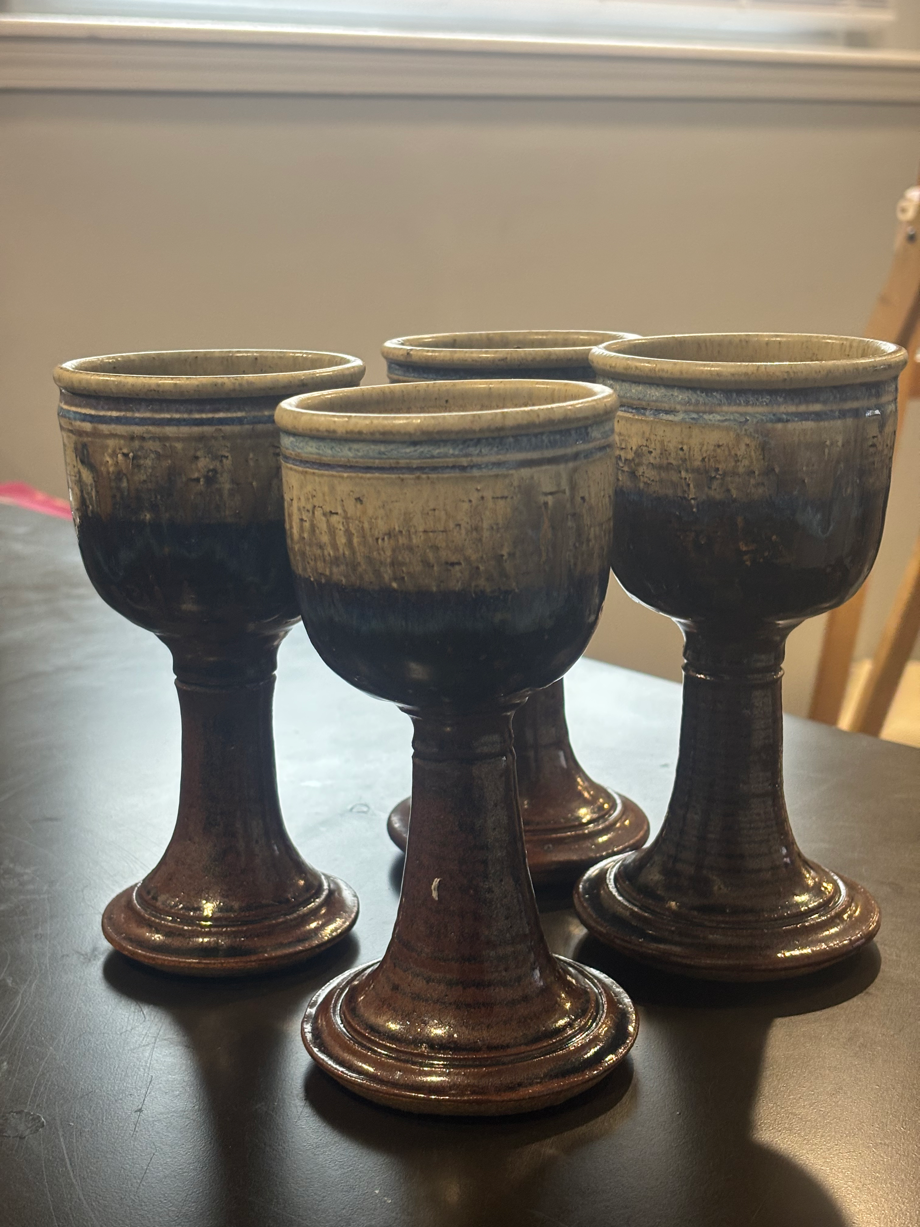 Set of 4 Studio Pottery Wine Chalices – Drip Glaze Stoneware Goblets 7.5"