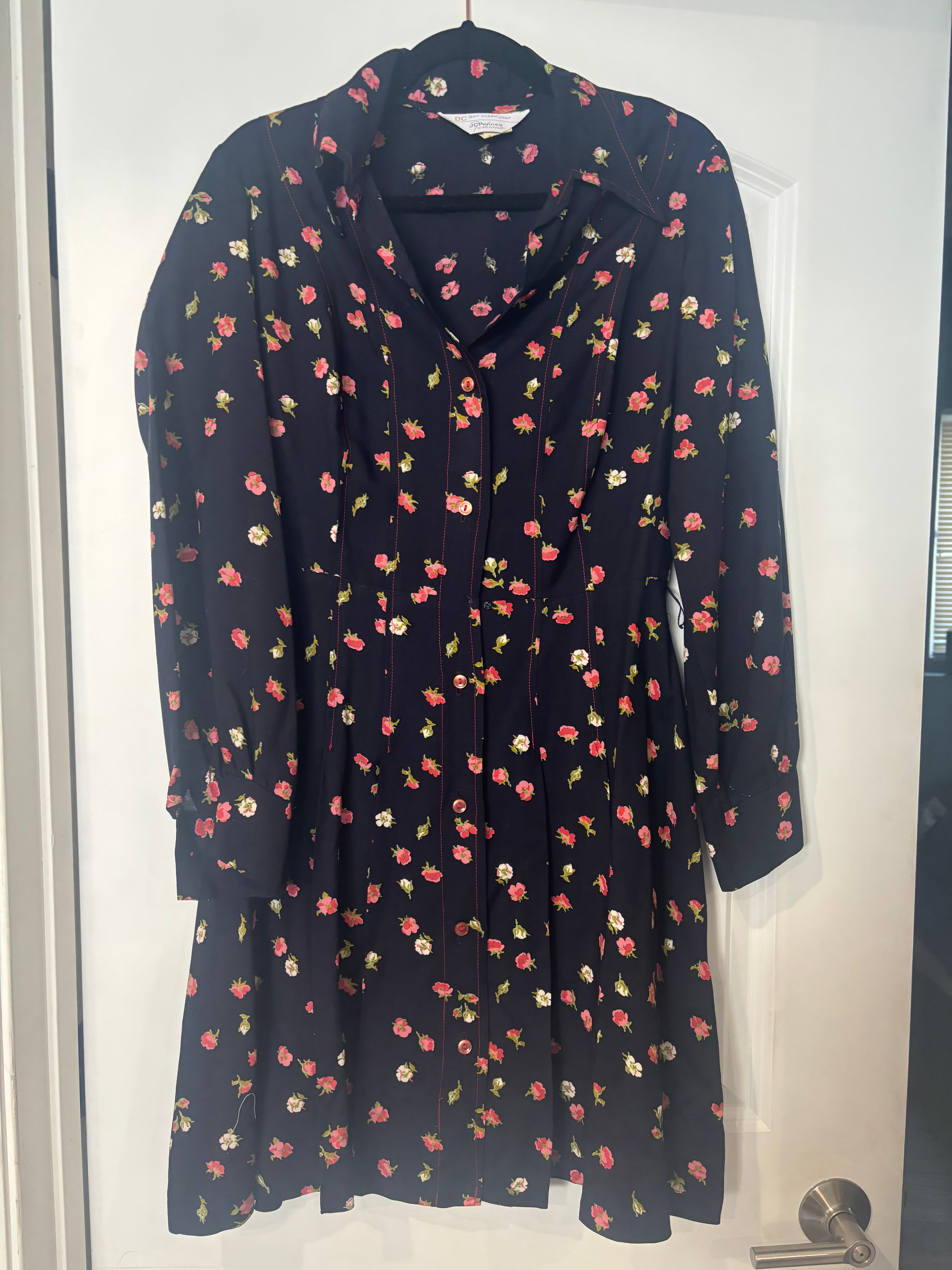 Vintage 70s JCPenney Floral Shirtwaist Dress Navy Pink ( Size 14)