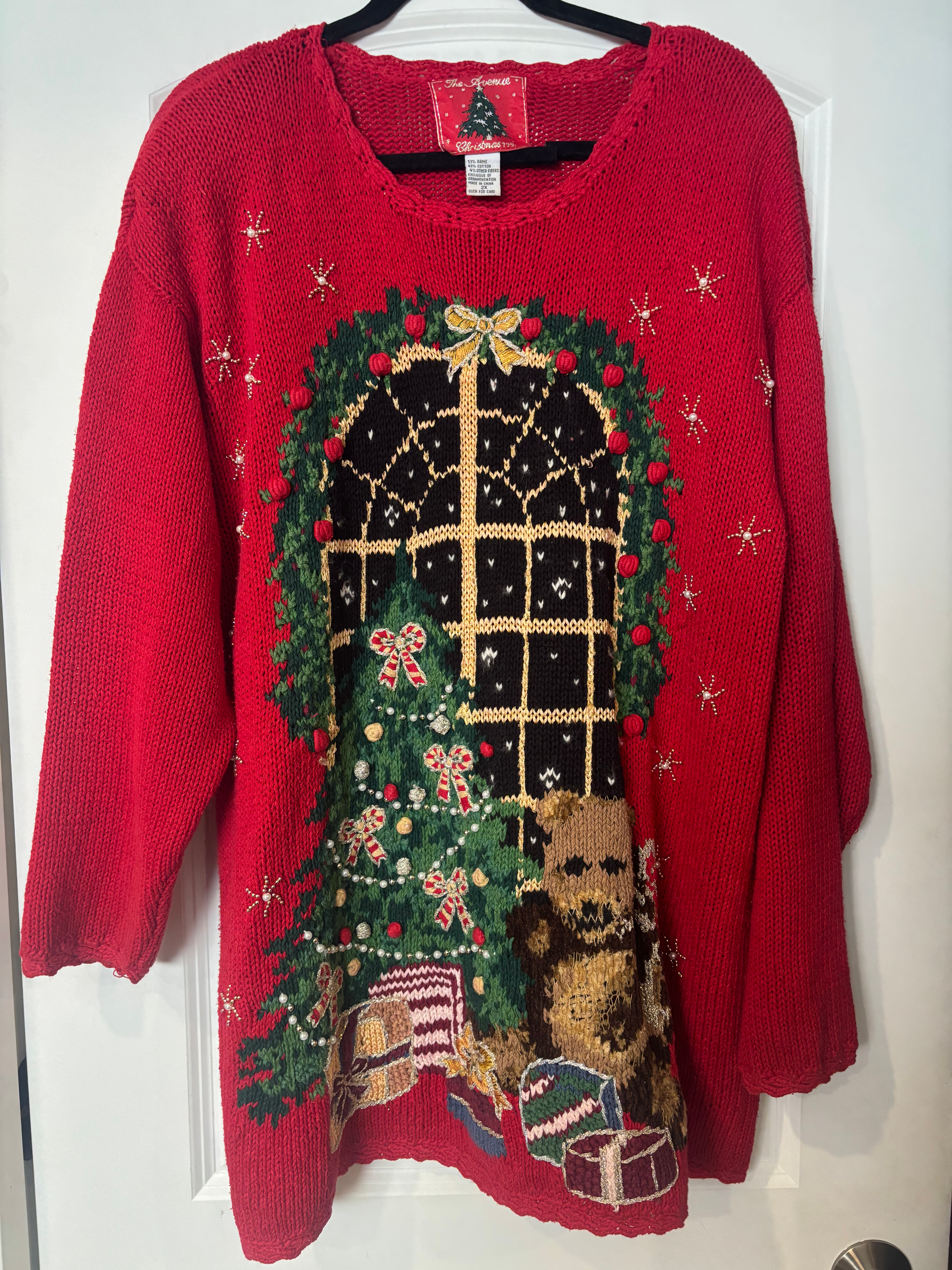 Vintage 1996 The Avenue Christmas Teddy Bear Tree Tunic Sweater Beaded Size 2X