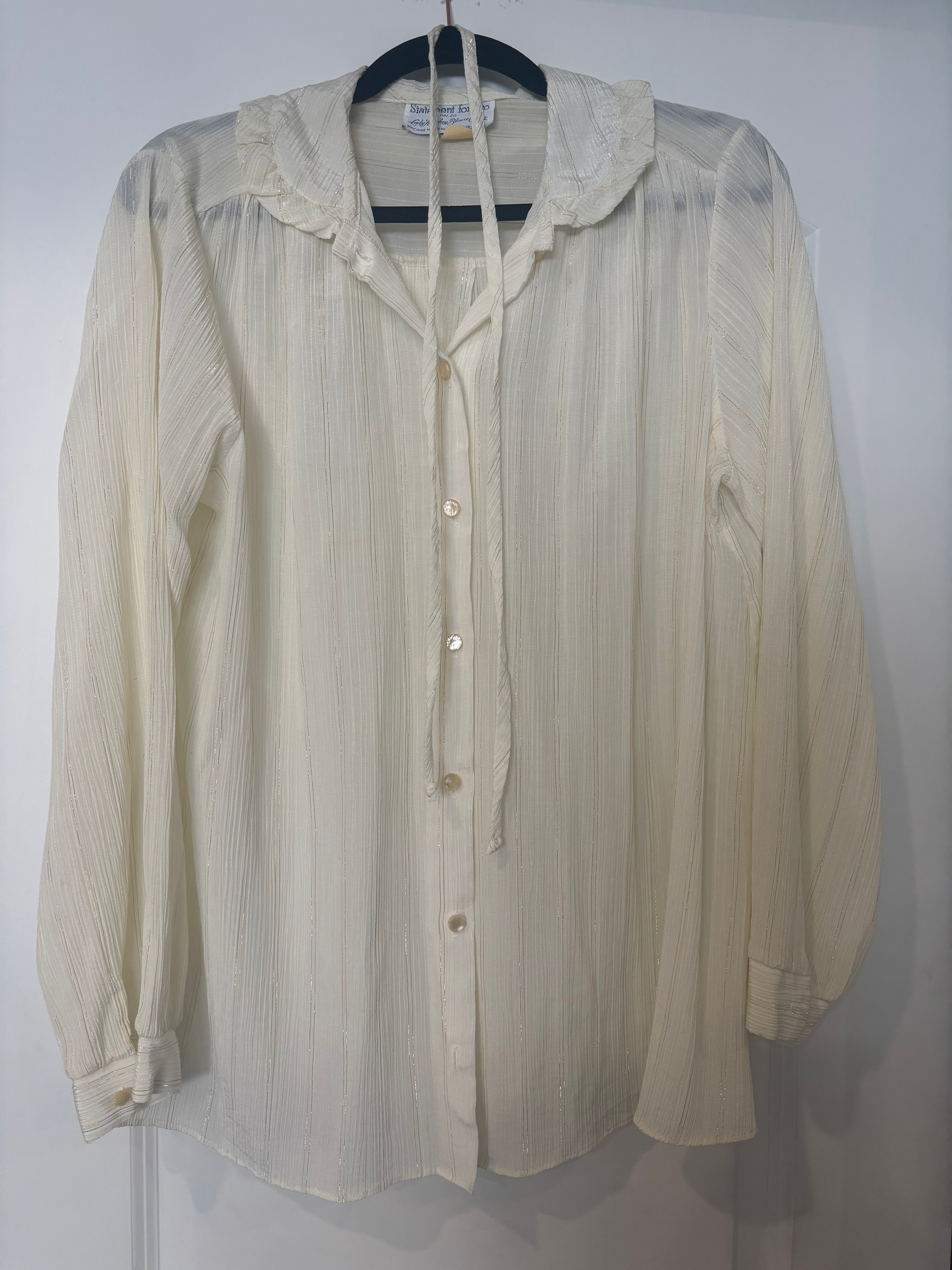 Vintage 70s Cream Metallic Gold Pinstripe Blouse Ruffle Collar
