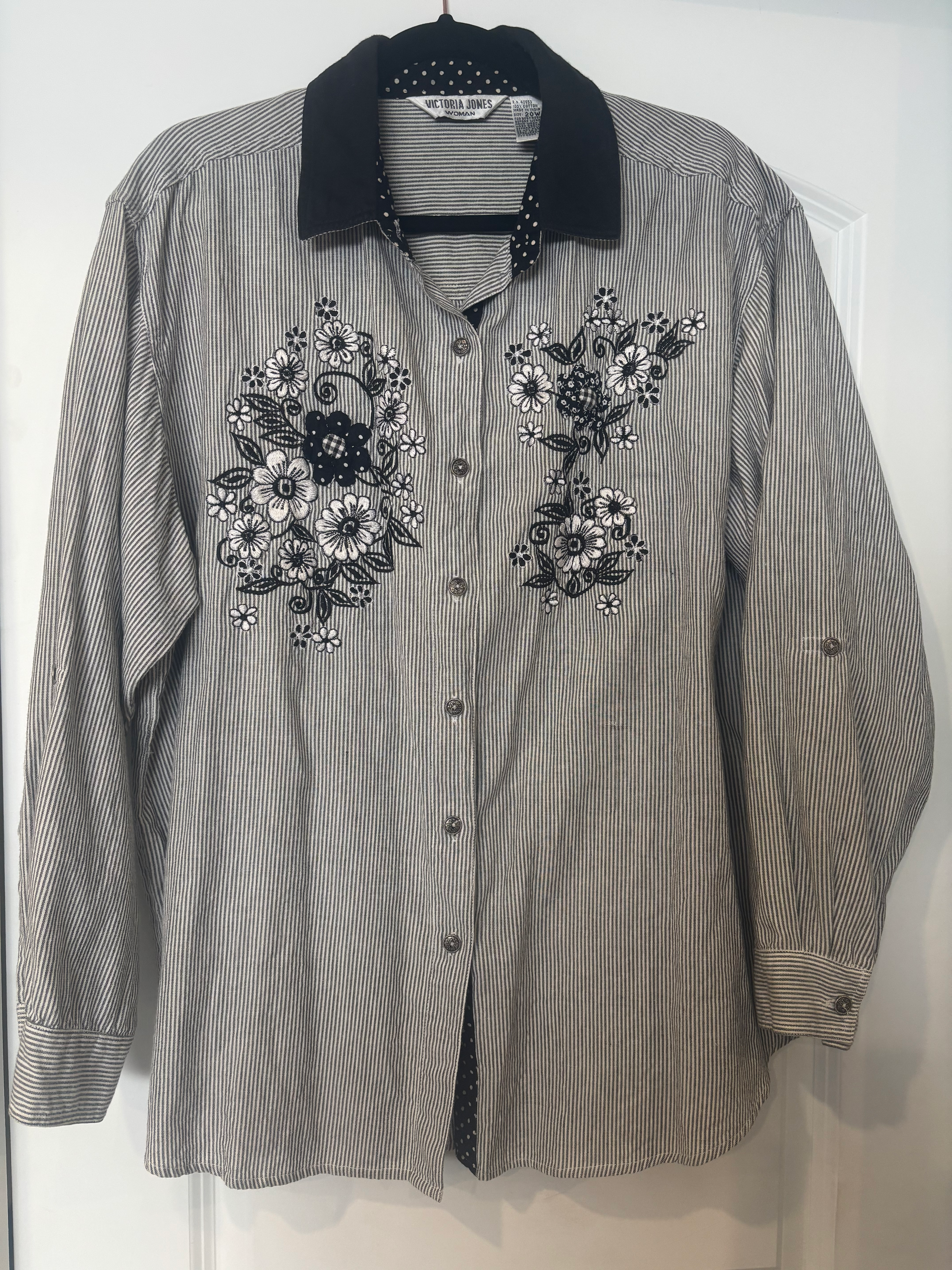Vintage Victoria Jones Striped Floral Embroidered Cotton Shirt Size 20W