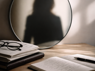Schatten einer Frau im runden Spiegel auf einem Tisch mit Notizbuch und Brille - ruhige Szene über Selbstreflexion und Klarheit