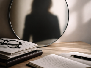 Schatten einer Frau im runden Spiegel auf einem Tisch mit Notizbuch und Brille - ruhige Szene über Selbstreflexion und Klarheit