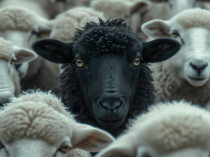 Schwarzes Schaf steht zwischen weißen Schafen in einer Herde und blickt direkt nach vorne, Symbol für Anderssein und Ausbruch aus familiären Mustern
