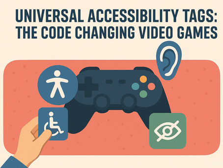 Modern-style digital illustration of a video game controller surrounded by accessibility icons—symbols for mobility, hearing, and vision—under the title;Universal Accessibility Tags: The Code That's Changing Video Games