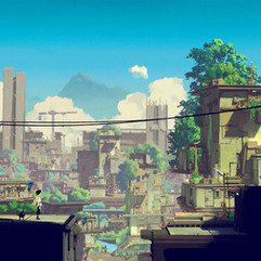 Screenshot di Planet of Lana II: una ragazza e una piccola creatura scura si trovano su un tetto in primo piano, affacciati su una grande città stratificata con edifici ravvicinati, vegetazione diffusa, cavi sospesi, gru e una montagna sullo sfondo sotto un cielo azzurro.