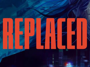 Futuristic cityscape with a stylized man's face. Text "REPLACED" in bold red. Dark and moody atmosphere with blue hues.