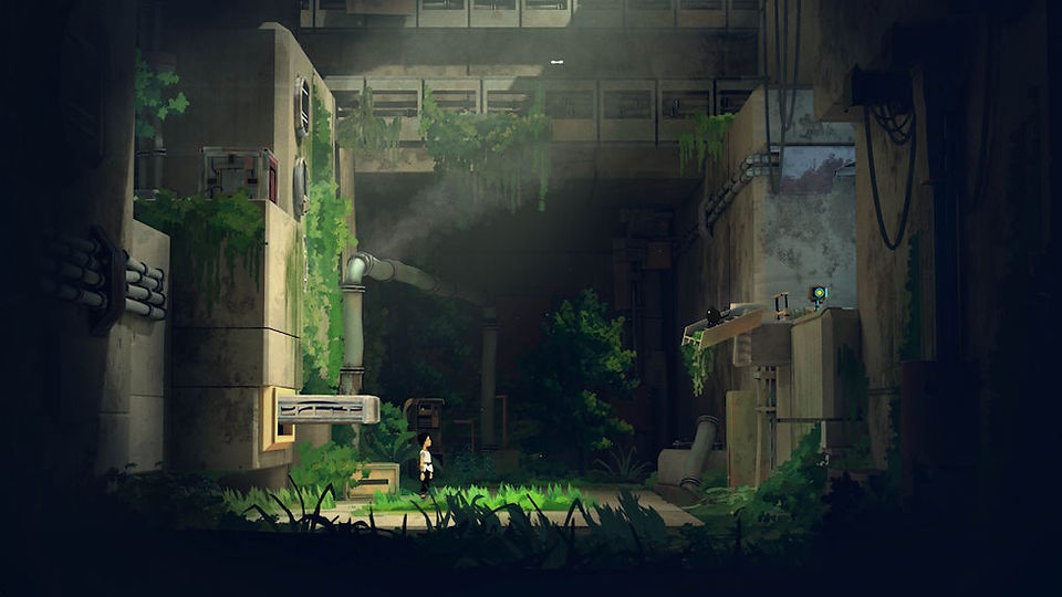 Screenshot from Planet of Lana II: a girl stands in an abandoned industrial corridor overgrown with vegetation, with concrete walls, pipes, cables, and soft light filtering from above; on a platform to the right, a small black creature and a glowing device can be seen.