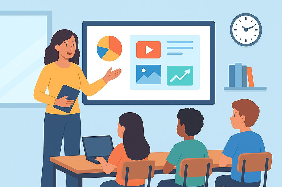 Teacher presenting with a digital interactive whiteboard to three students seated at desks with laptops in a bright, modern classroom.