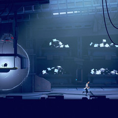 Screenshot di Planet of Lana II: in un ambiente industriale buio e bluastro, una ragazza corre verso destra mentre una piccola creatura nera resta su una piattaforma sospesa dentro una sfera luminosa trasparente; sullo sfondo si vedono cavi pendenti e scaffali pieni di oggetti.