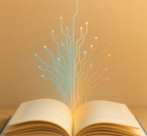 Un libro aperto da cui emergono linee luminose blu e arancioni che ricordano circuiti elettronici, simbolo della connessione tra conoscenza e tecnologia. In alto compare il logo e il nome "ForAllWe" su sfondo beige. An open book with glowing blue and orange circuit-like lines rising from its pages, symbolizing the connection between knowledge and technology. The logo and name "ForAllWe" appear at the top on a beige background.