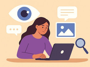 Minimalist digital illustration showing a young woman with wavy brown hair working on a laptop. Around her appear graphic icons of an eye, an image, a magnifying glass, and text bubbles, representing visual recognition and digital communication.