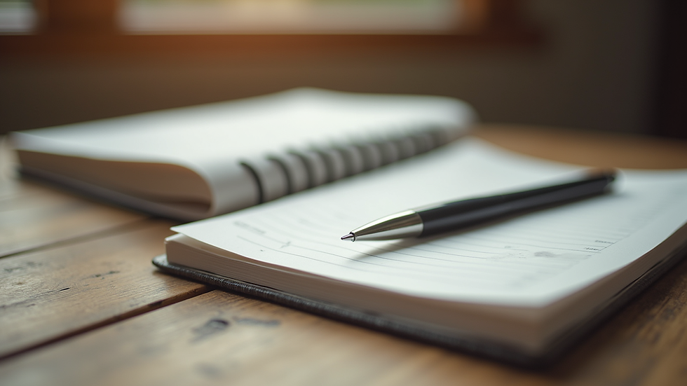 Close-up view of a journal and pen on a wooden table, symbolizing self-reflection