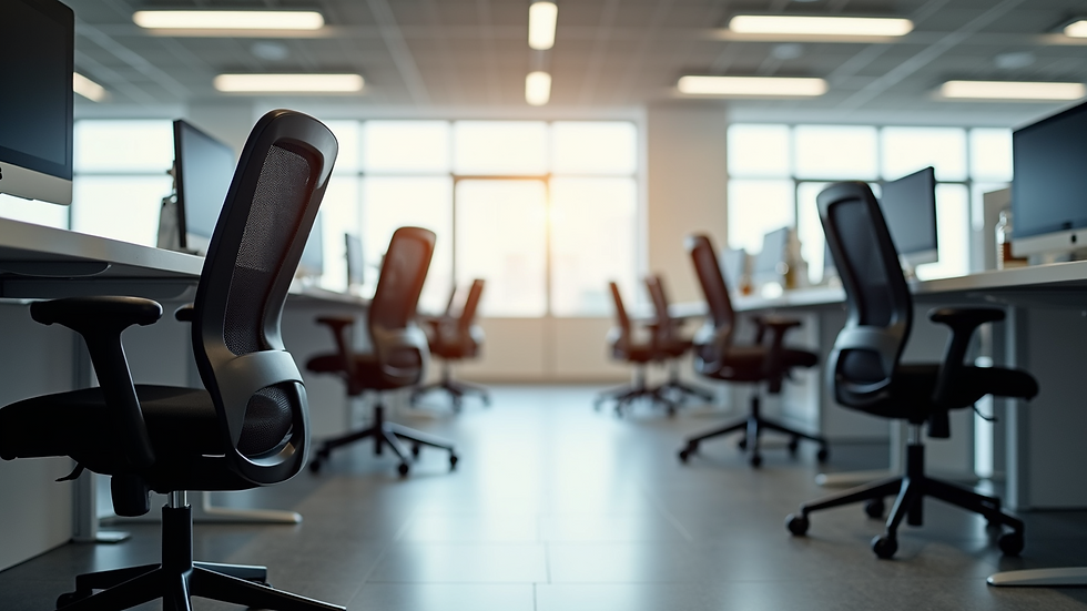 Eye-level view of a modern office workspace with ergonomic chairs and desks
