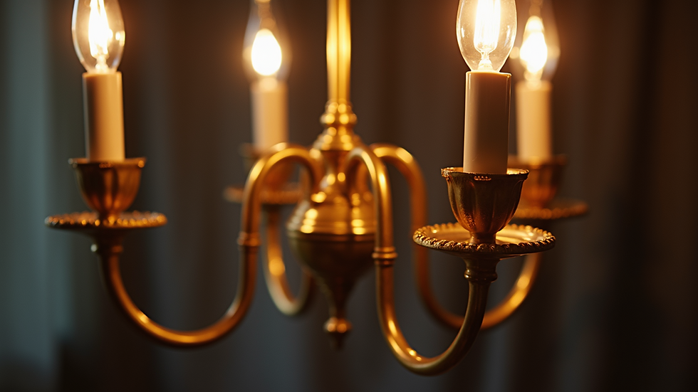 Close-up of a brass chandelier with warm lighting