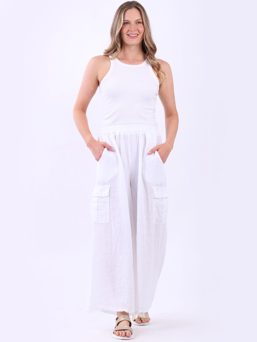 Thumbnail: CODE 8886-Whi Italian Wide Leg Plain Linen Pant