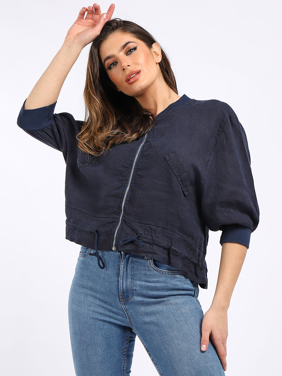 Thumbnail: CODE 5179-Nav Italian Front Zip Linen Lagenlook Jacket