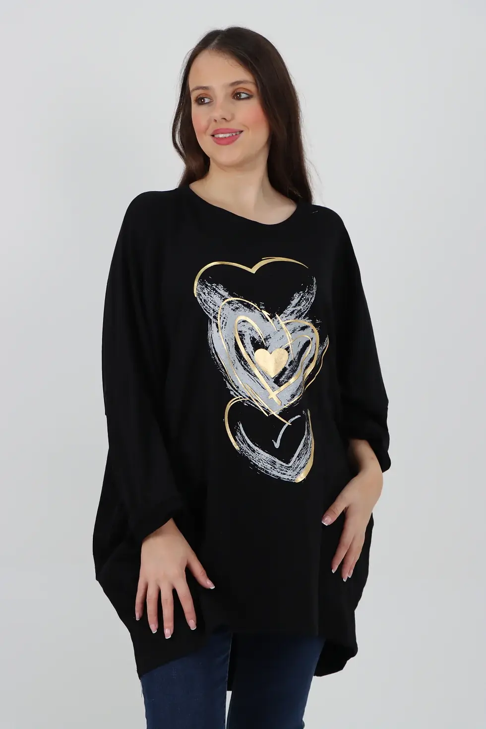 Thumbnail: MB018 Italian Multi Heart Foil Print Long Sleeve Tunic Top
