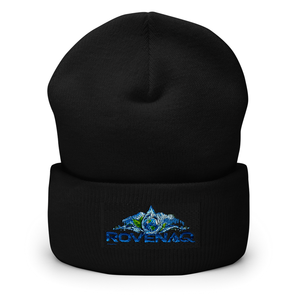 Black cuffed beanie with blue Rovenac mountain logo