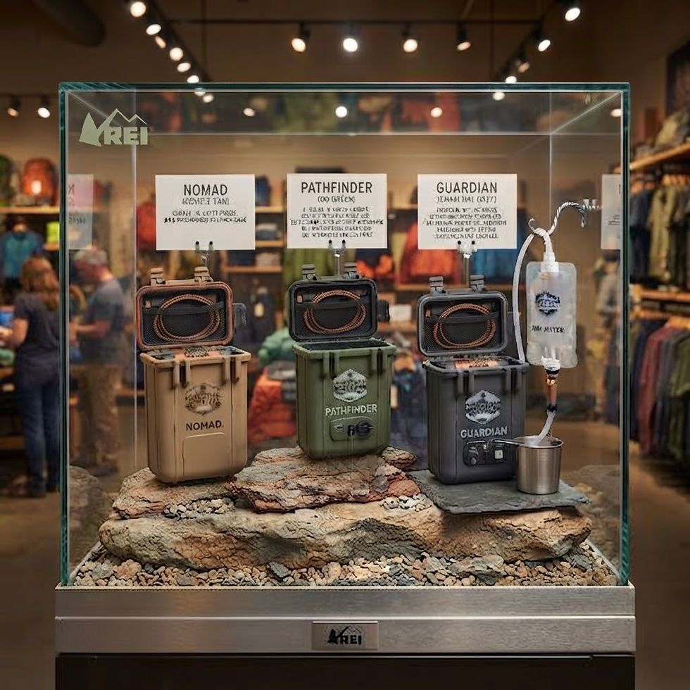 Rovenaq LLC water filters on display at an REI store.