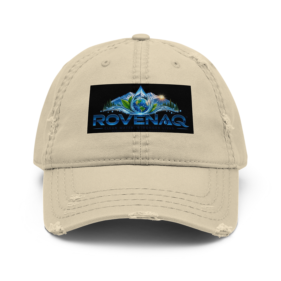 Distressed beige dad hat with Rovenaq logo patch