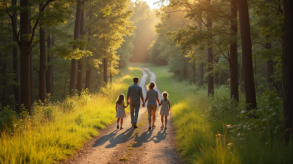 High angle view of a family walking on a nature trail in Louisiana
