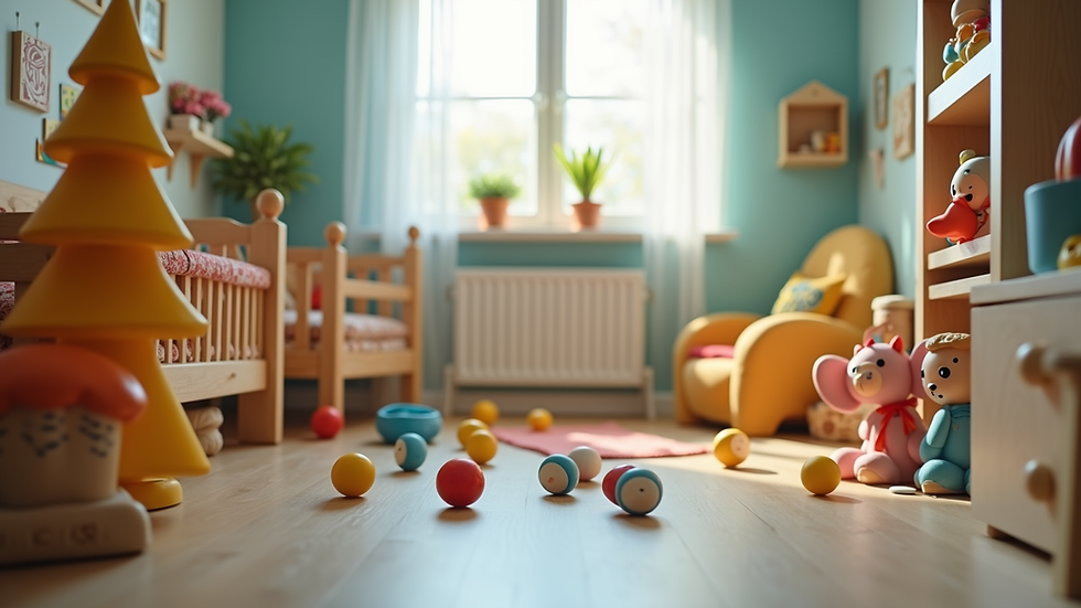 Eye-level view of a cozy daycare corner with colorful toys