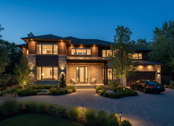 Custom home exterior at dusk with architectural lighting - Oakville luxury residential construction