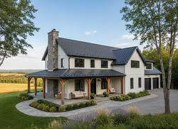 Modern farmhouse style custom home in Caledon Ontario - board and batten siding with metal roof