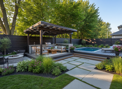 Custom home backyard with covered patio and outdoor kitchen - luxury outdoor living space Ontario