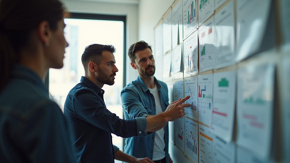 Eye-level view of a team collaborating around a project board