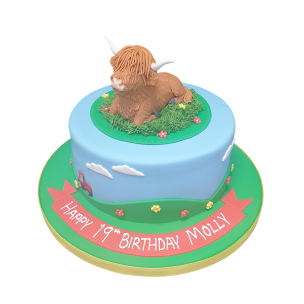 A beautifully decorated Aberdeen Angus cow cake perfect for animal lovers' celebrations. Vibrant, detailed design on a sweet confectionery treat.