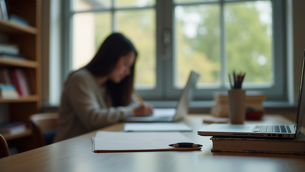Eye-level view of a student studying at a desk with books and a laptop