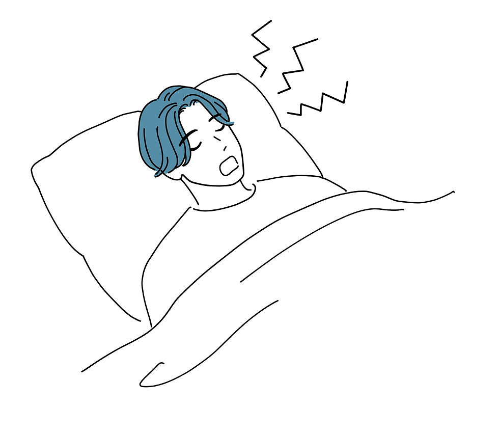 ベッドで眠る男性がいびきをかき、隣の女性がいびきを嫌がり耳を塞いでいる。背景と寝具は青色で統一されている。